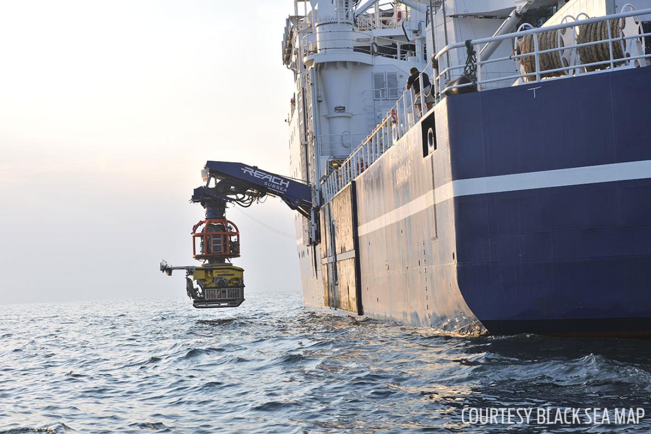 Stril Explorer sea research ship deploys underwater drone