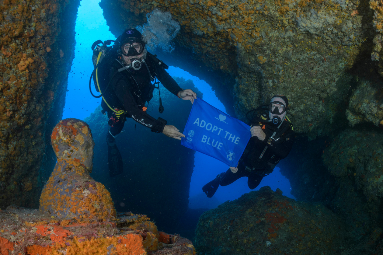 Two scuba divers holding a blue flag under water