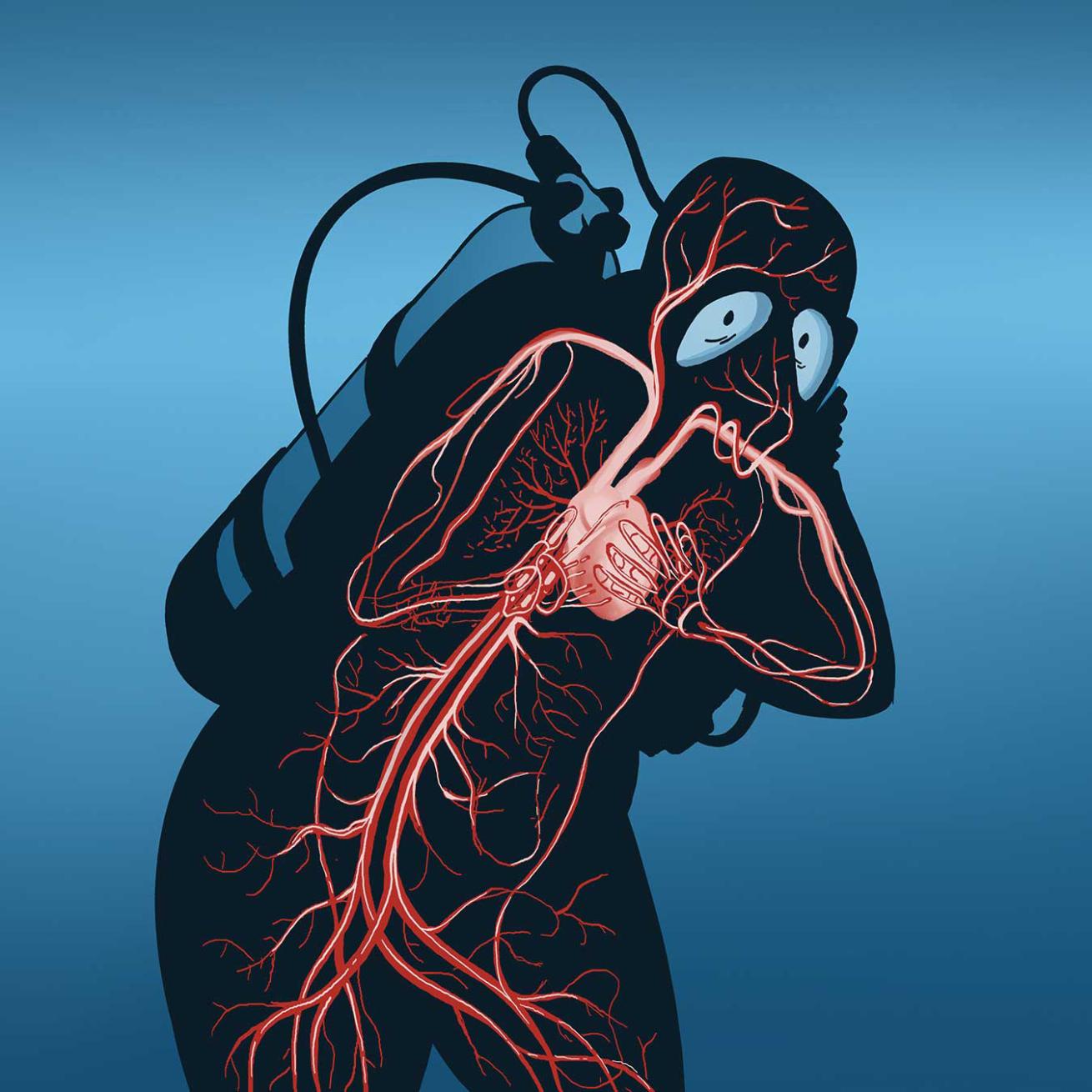 An illustration of a diver grabbing their heart