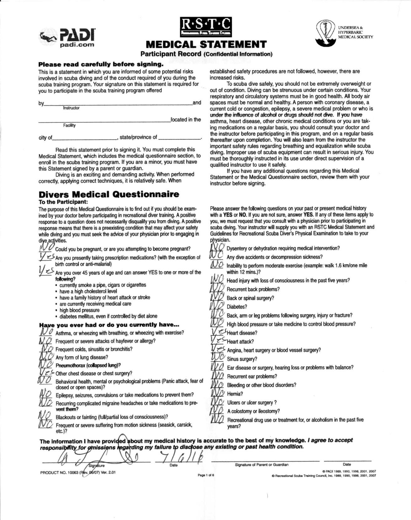 Scuba Diving Medical Release Document