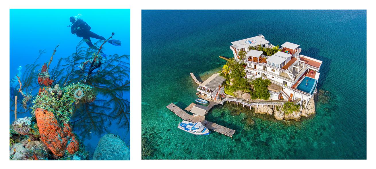 Underwater and topside shots of Villa on Dunbar Rock