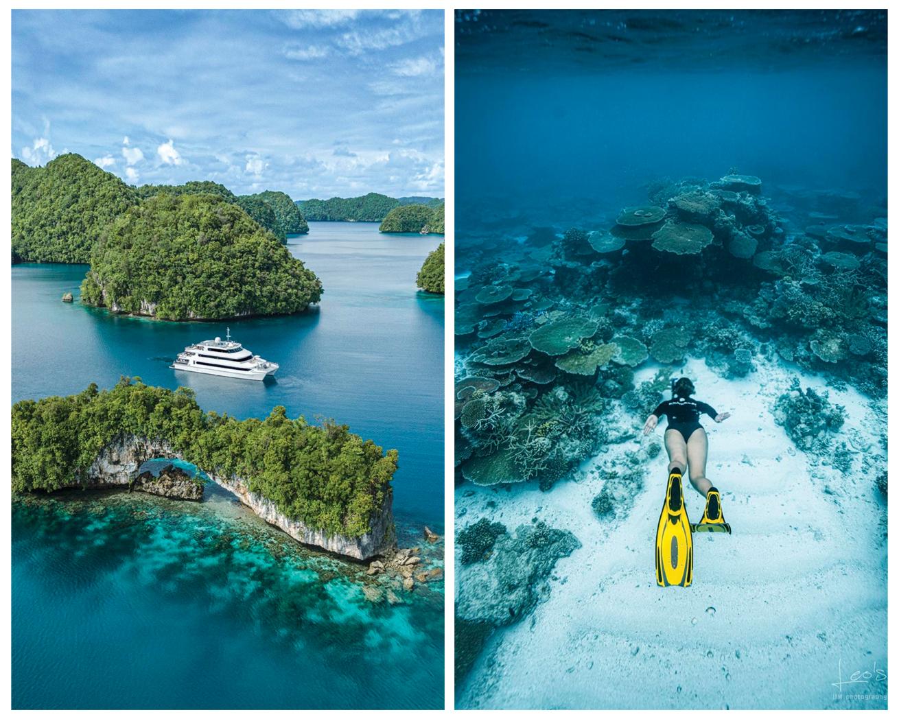 Left: Four Seasons Explorer at Palau’s Rock Islands. Right: The author freedives at Ngerchong Inside.