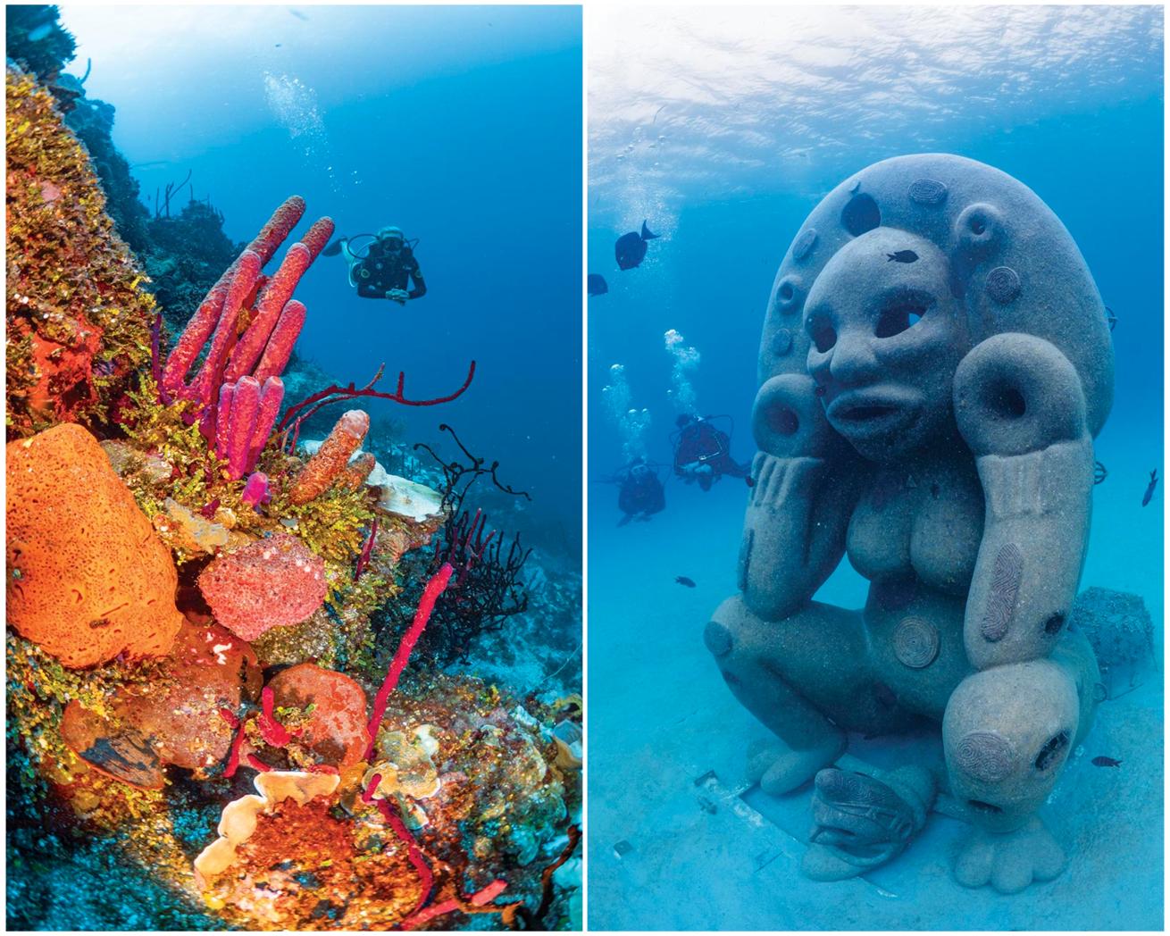 A diver cruises along the coral-covered Isla Catalina Wall; the famed 15-foot-tall Atabey statue in Sosúa Bay.