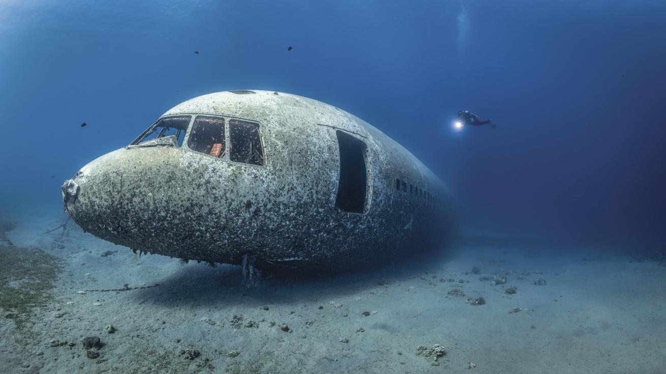 a diver is seen swimming in teh background of the Tristar in Aqaba, Jordan