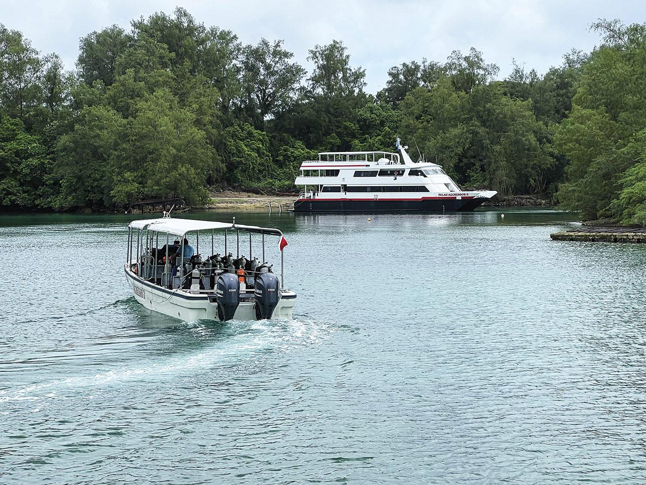 Palau Aggressor II docks at Peleliu Island on Christmas Day. Passengers curious about its wartime past can take the skiff to shore and get an in-depth tour.