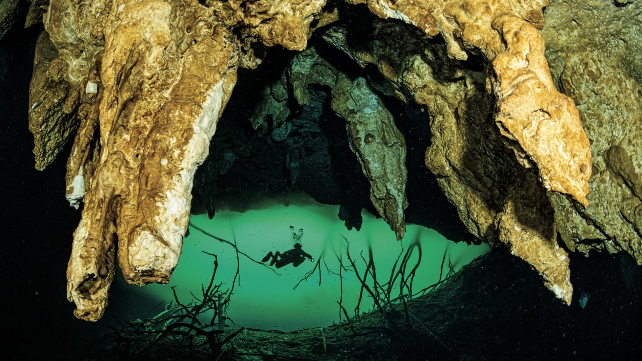 A diver explores the Car Wash cenote near Tulum, Mexico. 