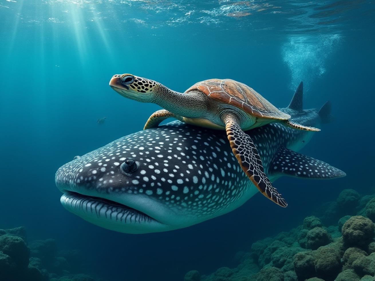 Artificial image of a turtle riding on a whale