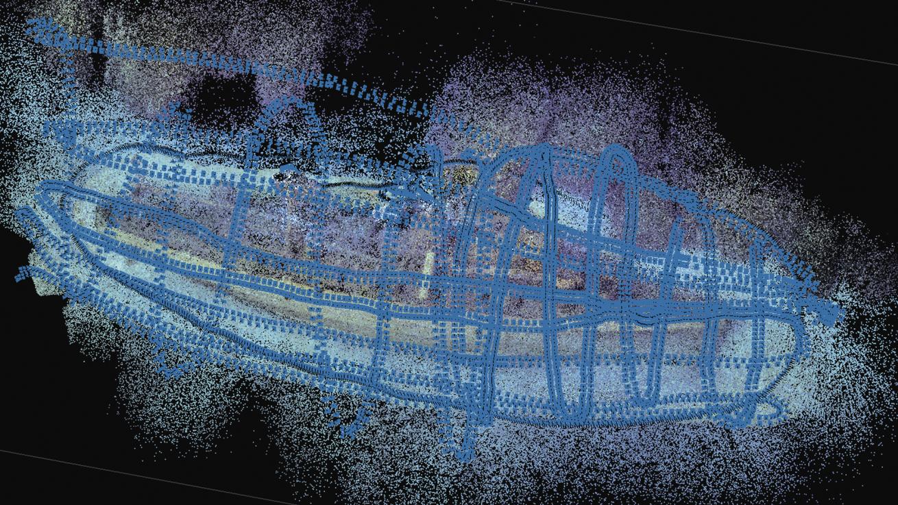 2 The blue rectangles overlaying the point cloud represent the estimated position and orientation of the images captured by the diver as they mapped the site. These help illustrate the amount of overlap necessary to properly capture the full site.