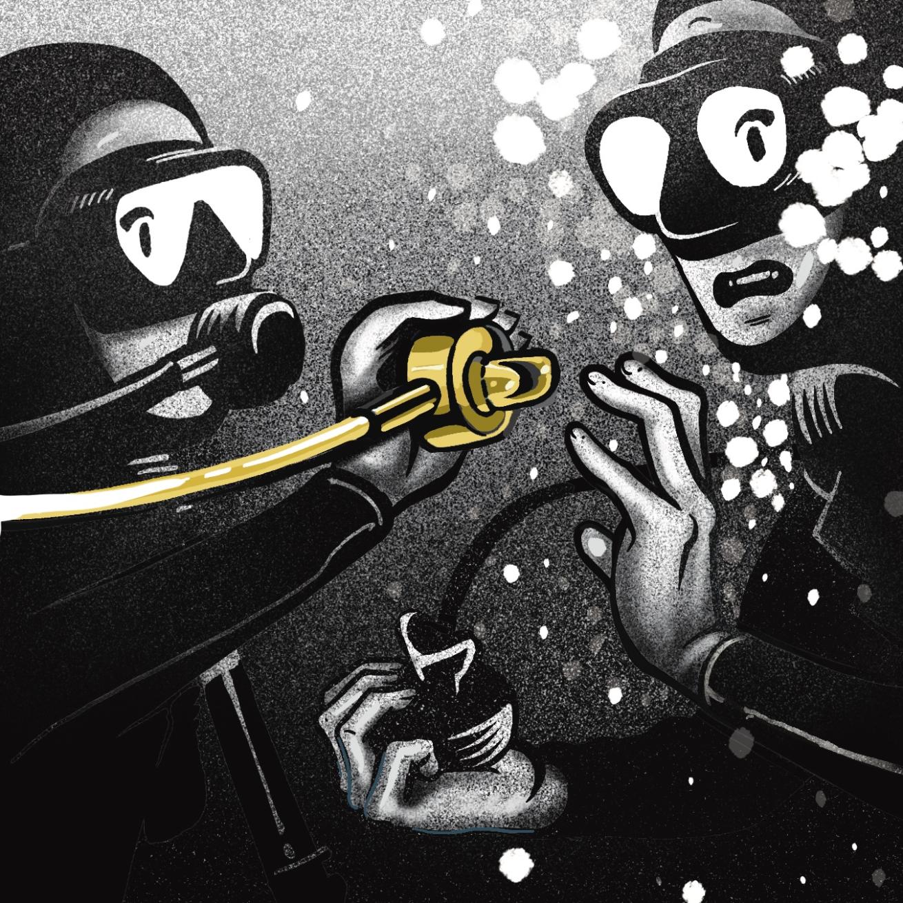 illustration of a diver passing a yellow secondary regulator to a diver in distress without their regulator in their mouth