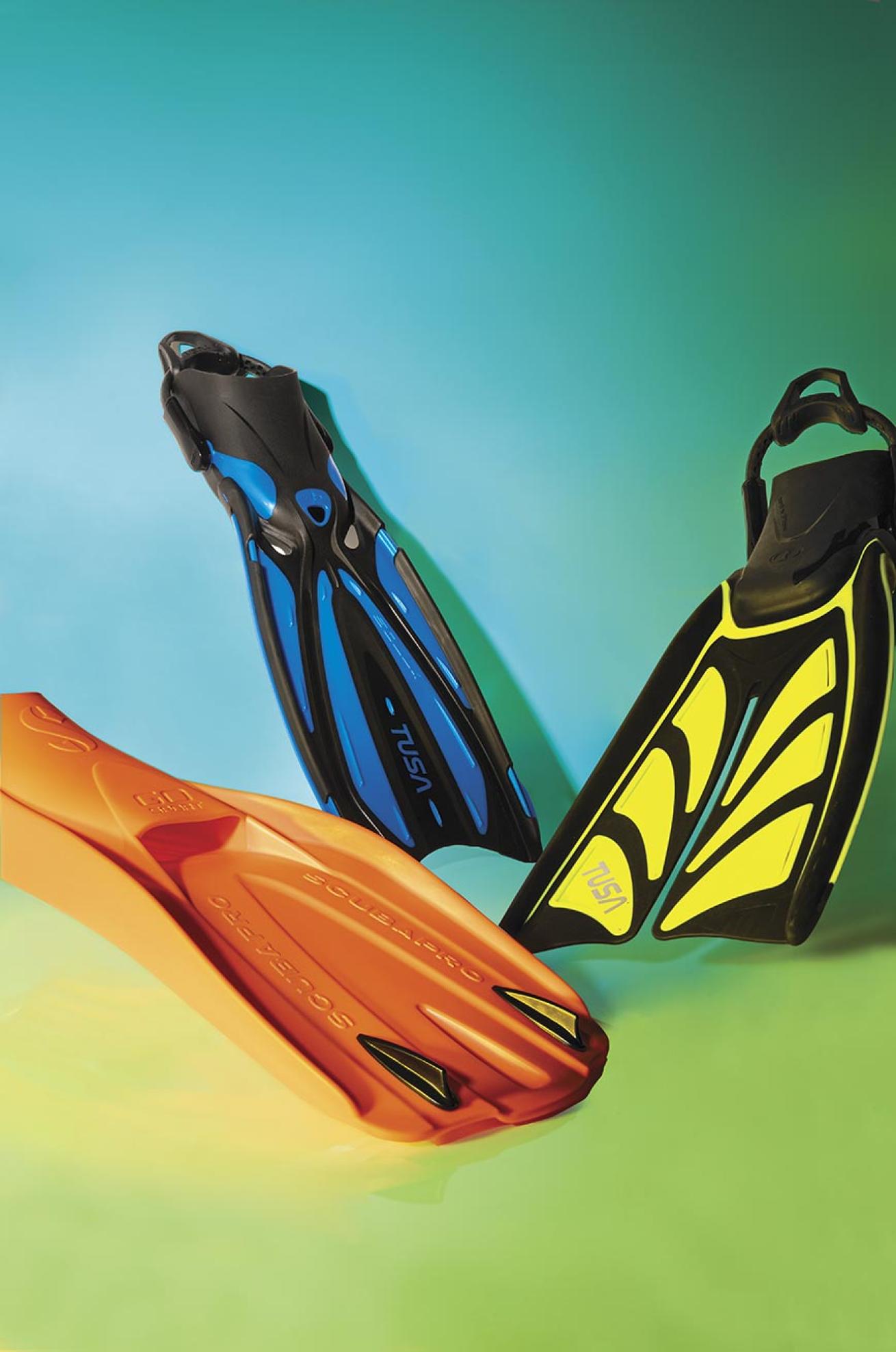 Clockwise from middle: Tusa Solla, Tusa Hyflex Zoom, Scubapro Go Sort Gorilla