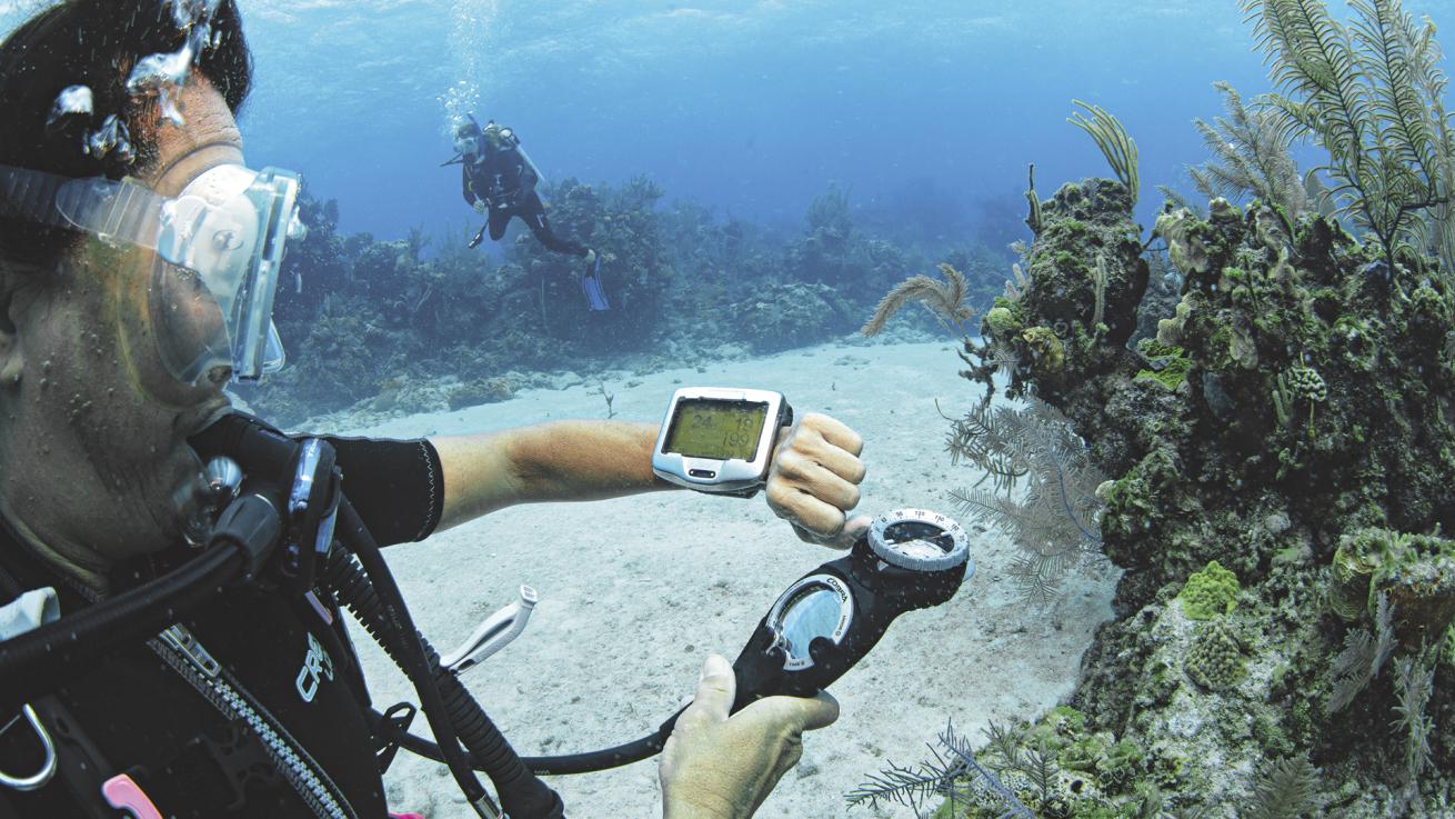 A diver looks at his computer and his SPG