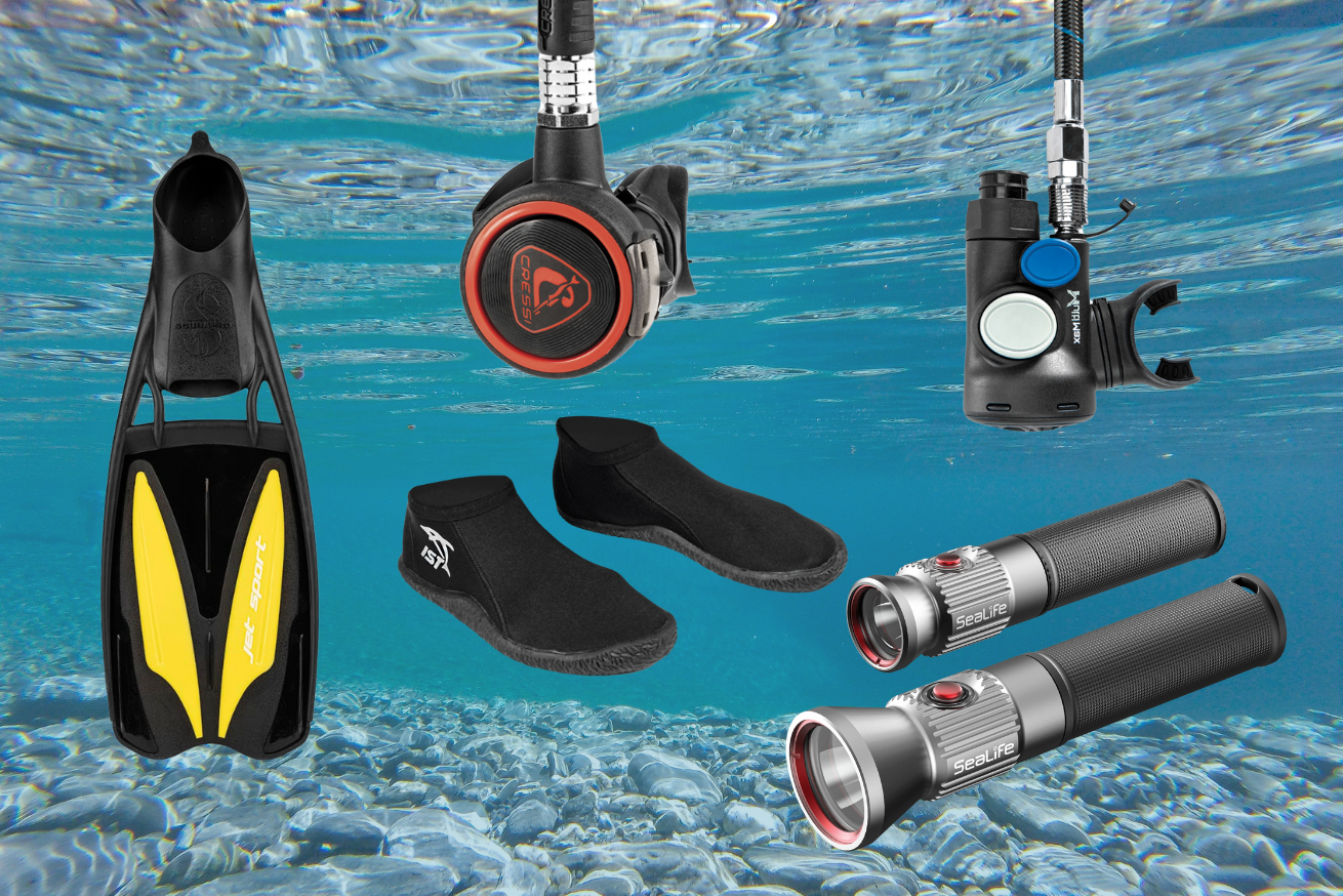 image of items of scuba gear with ocean background