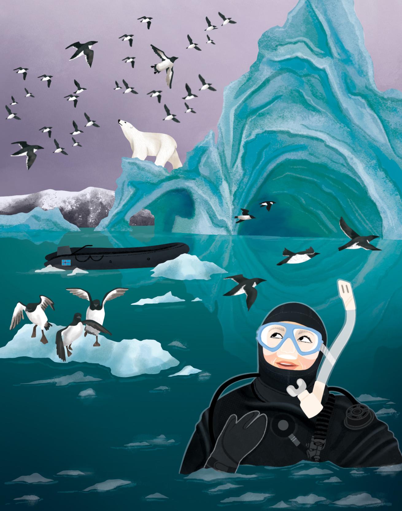 illustration of a diver in svalbard diving with penguins and polar bears and a glacier