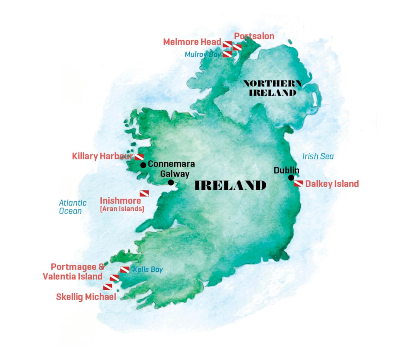 Map of Ireland dive sites.