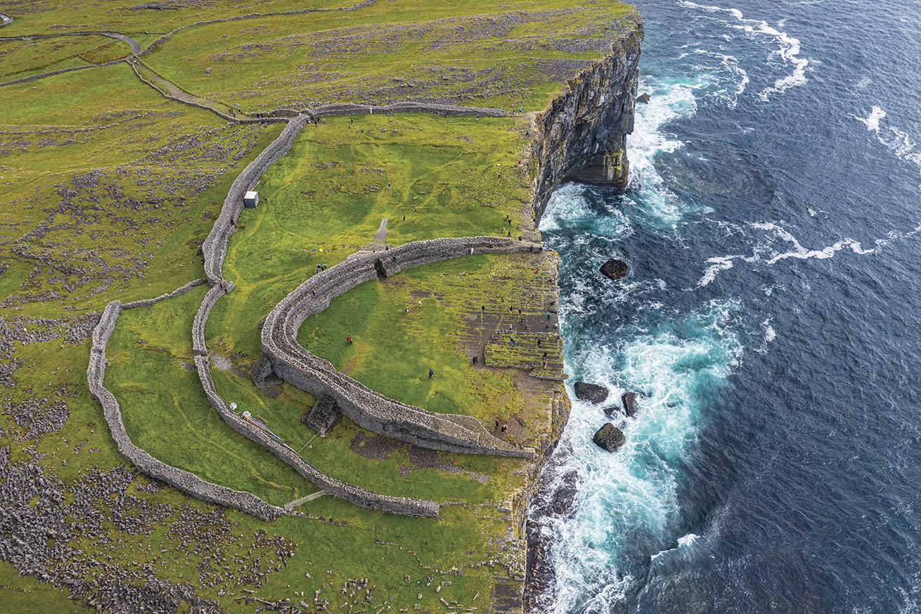 The ruins of Dun Aengus, an ancient fort that dates to the Bronze Age, overlook the sea on Inishmore, one of the Aran Islands off the Galway coast.