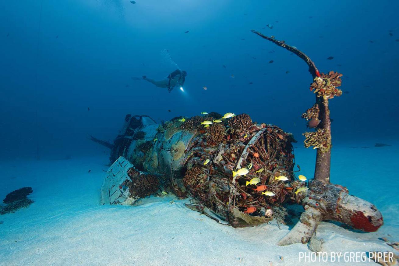 Scuba diver above WWII American aircraft wreck Oahu Hawaii
